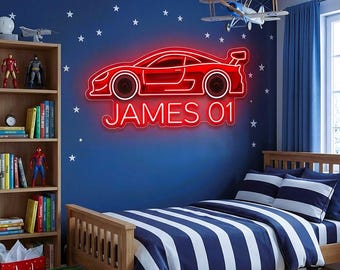 Custom Racing Car LED Name Sign, Personalized Sports Car Neon Light for Boys Bedroom, Garage Decor, Birthday Gift for Young Car Fans