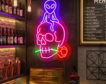 Custom Alien Skull Rose Neon Sign, Gothic Home Bar Wall Decor, Cyberpunk Man Cave Light, Personalized Halloween Gift for Men and Bars