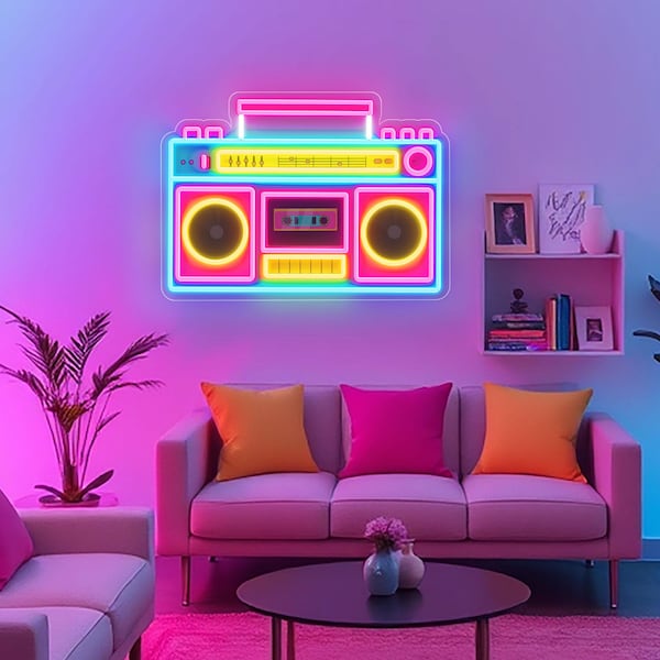 Retro Radio Neon Sign: 80s Music Studio Decor, LED Light