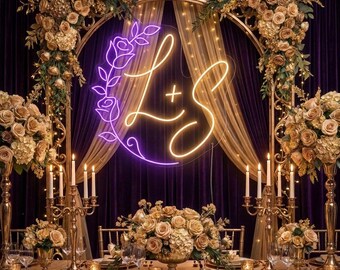 Black Rose Initials Neon Sign, Gothic Wedding Backdrop, Custom Couple Name Light for Halloween Reception and Dark Romance Wall Decor