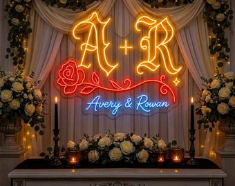Custom Gothic Couple Neon Sign, Black Floral Wedding Name Light for Sweetheart Table, Vow Wall, Reception Backdrop or Newlywed Gift