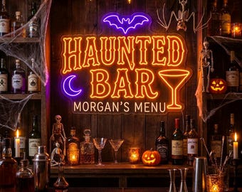 Custom Haunted Bar Neon Sign Halloween Decor, Custom Bar Menu Light with Bats, Home Bar Wall Decor, Spooky Party Host Gift Idea