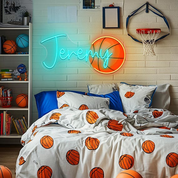 Basketball Neon Name Sign Custom for Kids, Battery Led Sign Kids Room Decor, Personalized LED Light Bedroom Decor, Teenage Boy Gifts