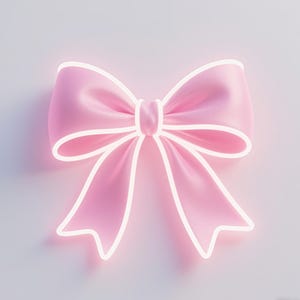 Op de afbeelding: Een roze strik met witte rand, tegen een zachte, gradiënt achtergrond. Het ontwerp van de strik heeft een klassieke vorm met gedetailleerde plooien en een gloeiende omtrek, waardoor een 3D-effect ontstaat. De algehele esthetiek is zacht en vrouwelijk.