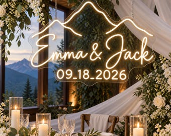 Custom Wedding Neon Sign: Mountain Decor, Personalized LED Wall Art, Customized Name Light Sign, Boho Wedding Backdrop, Engagement Gift