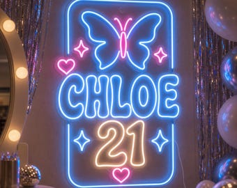 Custom Y2K Butterfly Birthday Neon Sign, Personalized Name Backdrop for Sweet 16, 18, 21 Party, Bedroom Selfie Wall Gift Decor Light