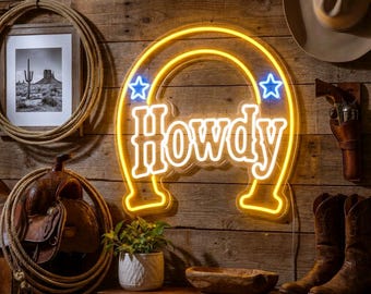 Custom Howdy Neon Sign for Western Bedroom Decor, Horseshoe Wall Light for Cowboy Room, Teen Apartment, Dorm Desk Nook, Birthday Gift Idea