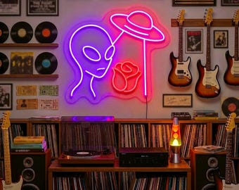 Custom Alien UFO Rose Neon Sign with Cool LED Glow, Sci-Fi Wall Decor for Gaming Room, Music Studio, Teen Bedroom or Cafe Gift Idea