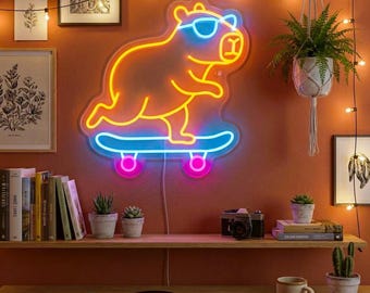 Custom Skateboarding Capybara Neon Sign, Cool Skate Shop Decor, Streetwear Room Wall Light, Gift for Teens and Skaters Fun Glow