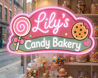 Custom Pastel Candy Bakery Neon Sign, Personalized Kids Play Kitchen Light, Girls Bedroom Wall Decor and Sweet Birthday Gift for Her