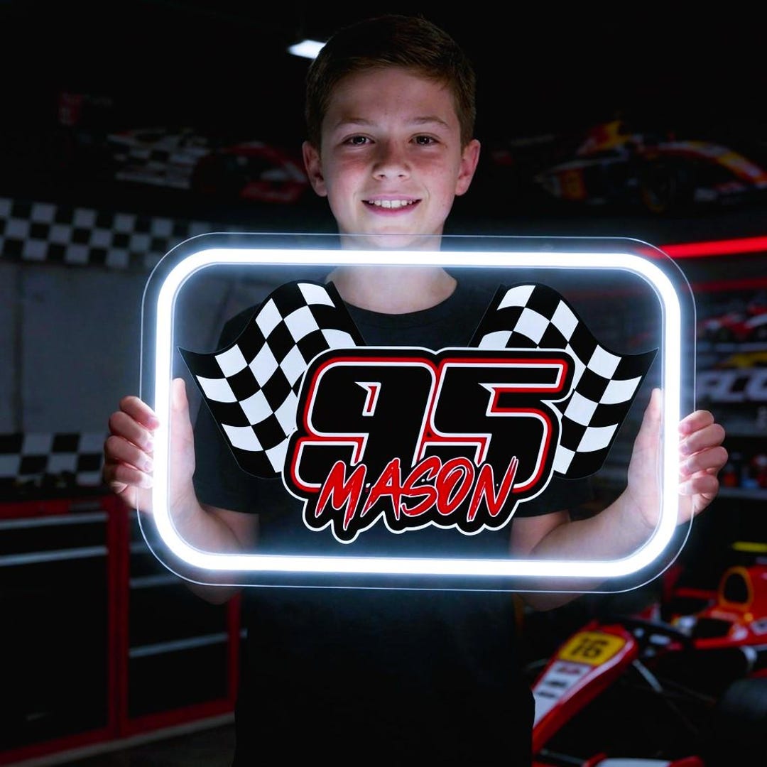 Custom Racing Wall Signs Light Custom Racing Name Neon Sign, Checkered Flag LED Light, Boys Room Decor ...