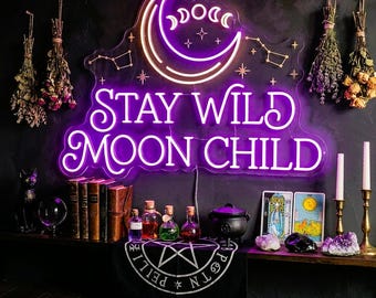 Custom Stay Wild Moon Child Neon Sign, Moon Phase LED Wall Light, Witchy Boho Bedroom Decor, Astrology Room Gift