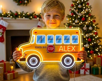 Custom School Bus LED Neon Sign, Personalized Kids Room Light for Playroom, Nursery Decor, Back to School Birthday Gift for Boys