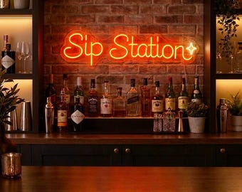 Custom Sip Station Neon Sign, Bar Cart Light for Home Bar, Cocktail Corner Decor, Hostess Gift and Housewarming Wall Art for Adults