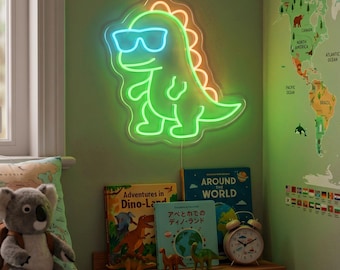 Custom Dinosaur Neon Sign for Kids Room, Acrylic LED Night Light with Sunglasses Dino Glow, Boys Birthday Gift Nursery Playroom Decor