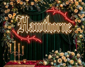Custom Gothic Last Name Neon Sign, Hawthorne Wedding Backdrop Light, Halloween Reception Decor, Personalized Couple Gift Sign for Home