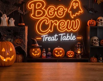 Custom Boo Crew Treat Table Neon Sign, Halloween Candy Table Light, Spooky Dessert Bar Decor and Family Party Wall Sign for Kids Party