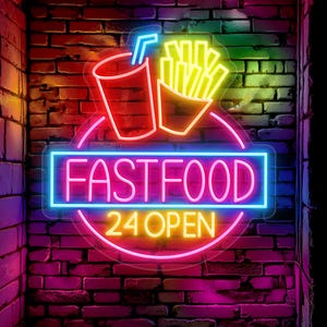 Enseigne néon de restauration rapide, art mural frites et hot-dogs, enseigne de restaurant, enseigne de frites, décoration de restaurant de restauration rapide, enseigne murale de magasin de restauration rapide