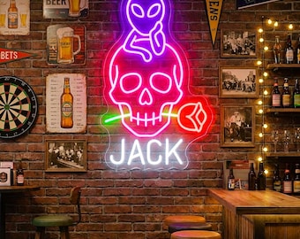 Custom Name Alien Skull Rose Neon Sign, Gothic Bar Wall Decor, Cyberpunk Man Cave Light, Personalized Halloween Gift for Men or Bars