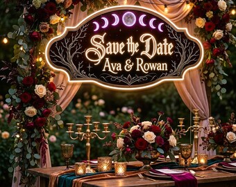 Custom Save the Date Sign Wedding Decor, Custom Couple Names UV LED Neon, Moon Phase Wedding Backdrop for Engagement Party Wall Decor Gift
