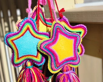 Hand Embroidered Rainbow Star Tassel | Handmade Mexican Pom Pom Ornament | Yarn Purse Tassel