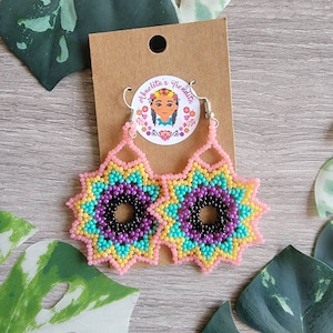 Firework Earrings | Hand Beaded Huichol Earrings | Wixarika Art Mexican Earrings A