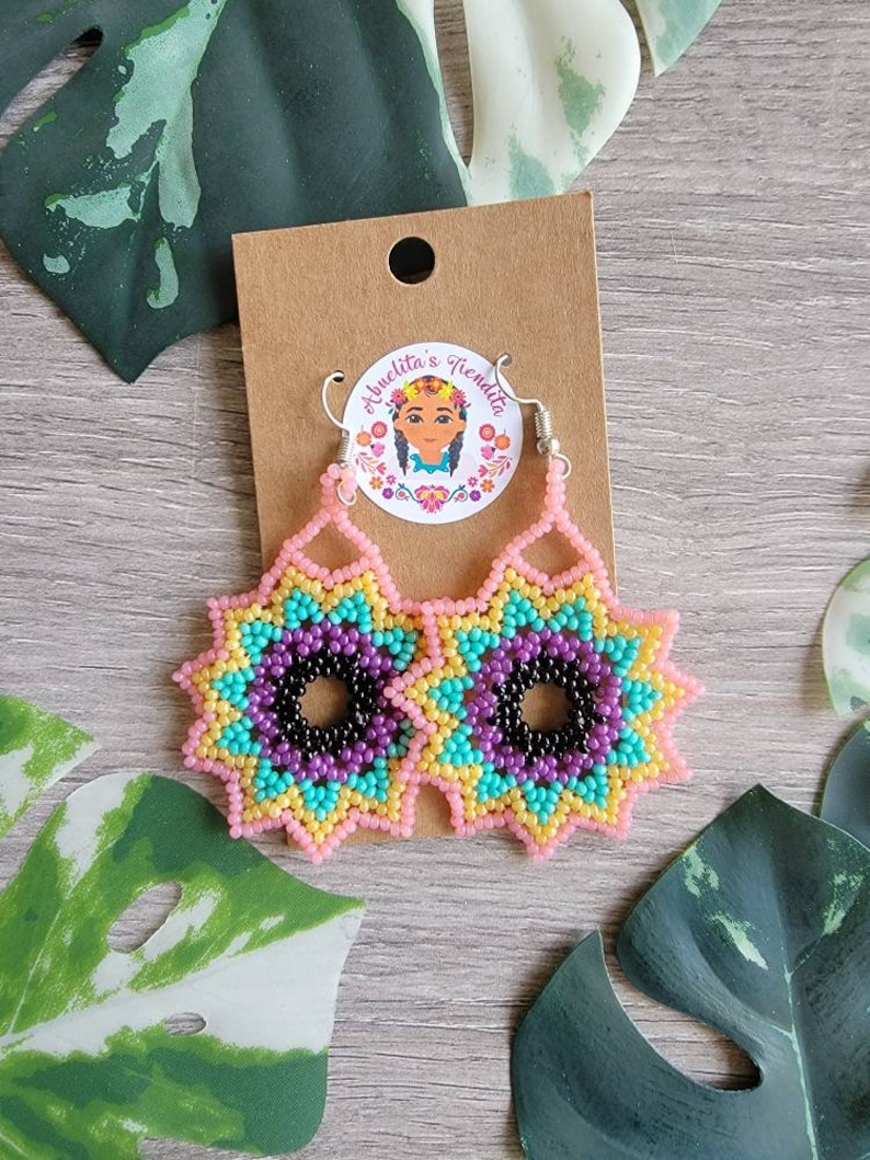 Firework Earrings | Hand Beaded Huichol Earrings | Wixarika Art Mexican Earrings A