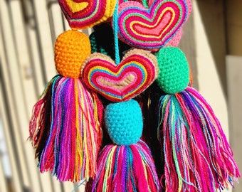 Hand Embroidered Rainbow Heart Tassel | Handmade Mexican Pom Pom Ornament | Yarn Purse Tassel