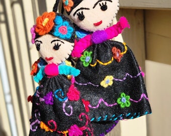 Hand Embroidered Frida Doll Tassel | Handmade Mexican Pom Pom Ornament | Yarn Purse Tassel