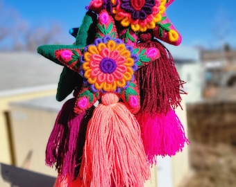 Hand Embroidered Large Star Tassel | Handmade Mexican Pom Pom Ornament | Yarn Purse Tassel