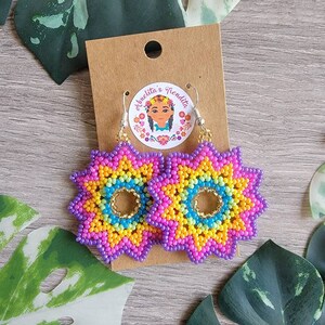 Firework Earrings | Hand Beaded Huichol Earrings | Wixarika Art Mexican Earrings C