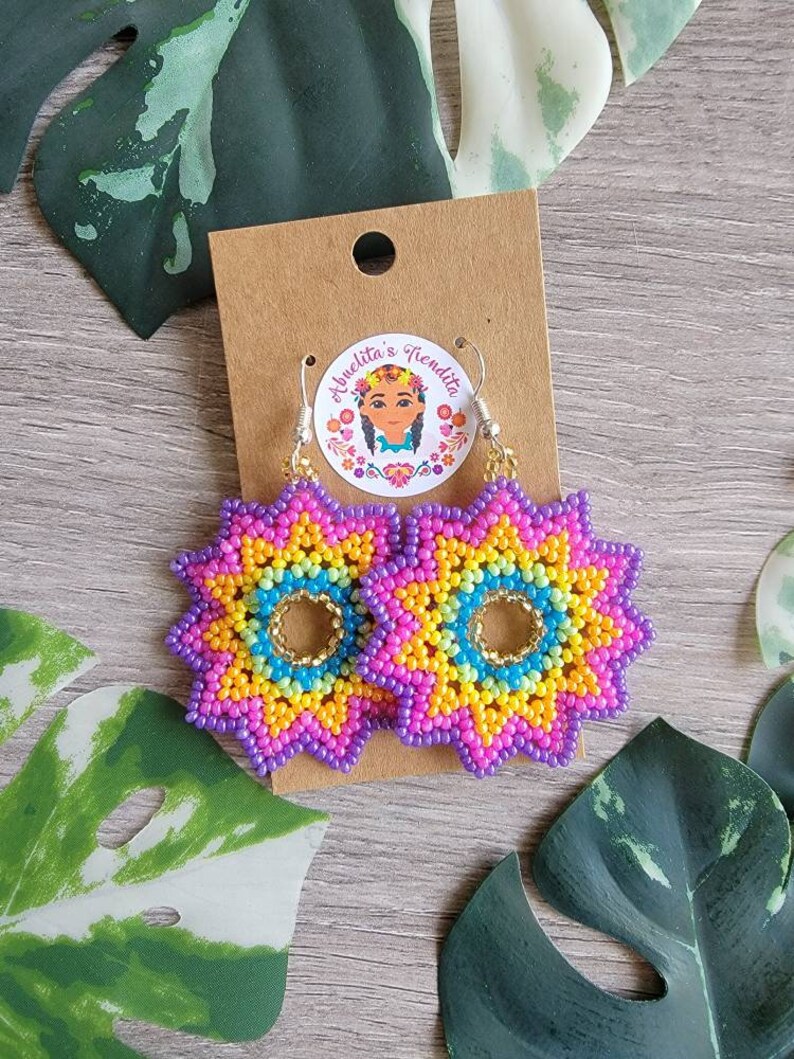 Firework Earrings | Hand Beaded Huichol Earrings | Wixarika Art Mexican Earrings C