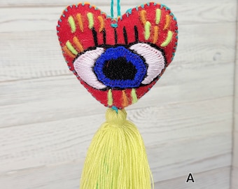 Hand Embroidered Evil Eye Heart Tassel | Handmade Mexican Pom Pom Ornament | Ojo Yarn Purse Tassel
