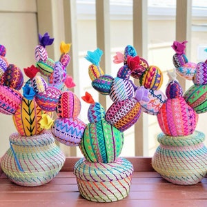 Handmade Cactus Basket | Hand Embroidered Mexican Nopal Home Decor | Handwoven Colorful Table Plant Decor