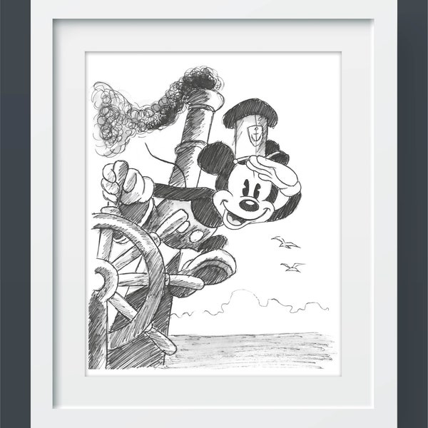 Steamboat Willie Inspired, Mickey Mouse Hand Drawn Print (A4)