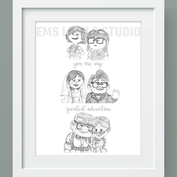 Carl & Ellie, (young, married, old) Up Inspired, Hand Drawn Print (A4)