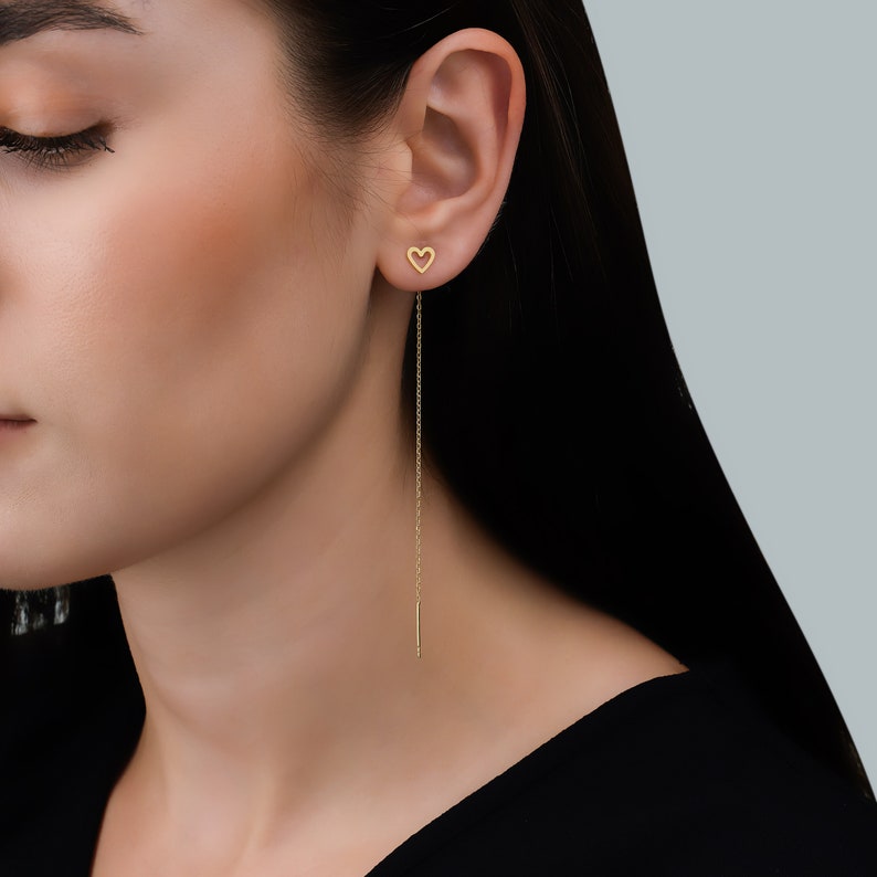 14k Gold Threader Heart Earring Chain Threader Earring Ear Etsy
