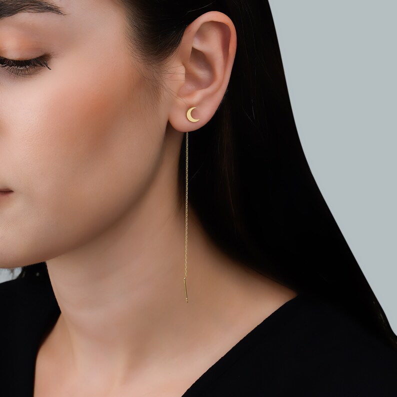 14k Gold Threader Heart Earring Chain Threader Earring Ear Etsy