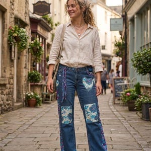 Peut inclure: Une chemise beige à boutons portée avec un jean bleu orné de patchs en tissu floral sur les cuisses, un patch en forme de cœur sur la hanche, des bandes latérales à motifs floraux violets, un ourlet effiloché et des franges perlées.