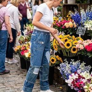 May include: Blue denim trousers featuring a patchwork design with blue and white gingham fabric accents, a white t-shirt, and white trainers. The trousers have a high-waisted elastic band, multiple pockets, and frayed hem details on the lower legs.