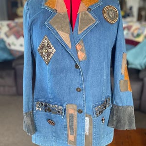 Upcycled Denim Blazer, Leather Patchwork, Boho Wearable Art Jean Jacket, Bronze Accents, Size L