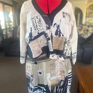 Ensemble robe et veste patchwork upcyclé, motif graphique noir et blanc, taille M/L écoresponsable