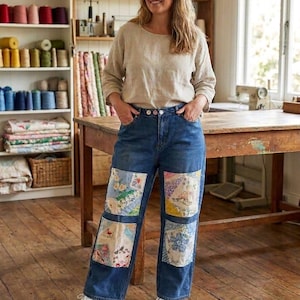 Peut inclure: Un haut à manches longues en lin beige associé à un jean bleu en denim doté de quatre empiècements rectangulaires sur les jambes. Les pièces présentent divers motifs floraux et botaniques dans des tons de bleu, jaune, rose et vert. Le jean a une braguette à boutons.