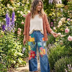 May include: A rust-coloured button-down shirt worn over a cream-coloured knit top, paired with blue denim trousers featuring a drawstring waist and various colourful fabric patches, including floral designs, and brown leather slip-on shoes.