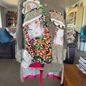 Upcycled Reworked Boho Cottage Core, Whimsy Shirt Tunic. Khaki, Patchwork, Vintage, Tails, Assymetrical Hi/ Lo Hem  Sz XL