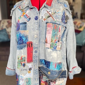 Upcycled Denim Shirt Jacket, Hand-Stitched Patches, Wearable Art, Shabby Chic Style