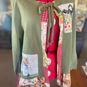 Upcycled Khaki Fleece Tie Front Cardigan, Country Farm Patchwork Hem, Cow Accents