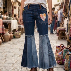 May include: Dark blue denim jeans featuring a high-waisted fit, two front pockets, and wide flared legs with a pleated, light-wash denim panel insert. The jeans include a heart-shaped floral patch on the left pocket and a frayed hemline.