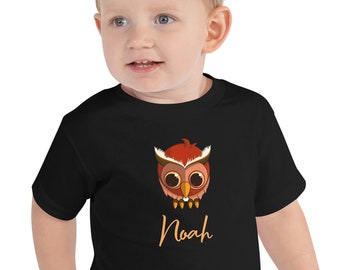 Niedliche Eule Personalisierte Kinder T-shirt | Benutzerdefiniertes Kleinkind T-Shirt mit einer weisen alten Eule | Personalisierte Name Geburtstagsgeschenk für Jungen und Mädchen