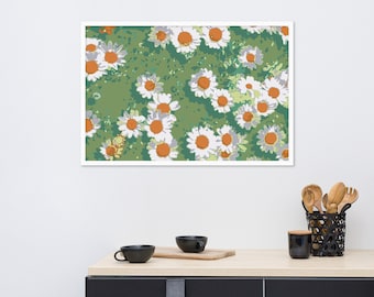 Daisy art print framed poster | abstract flower wall art | Illustrated daisy meadow home decor - green